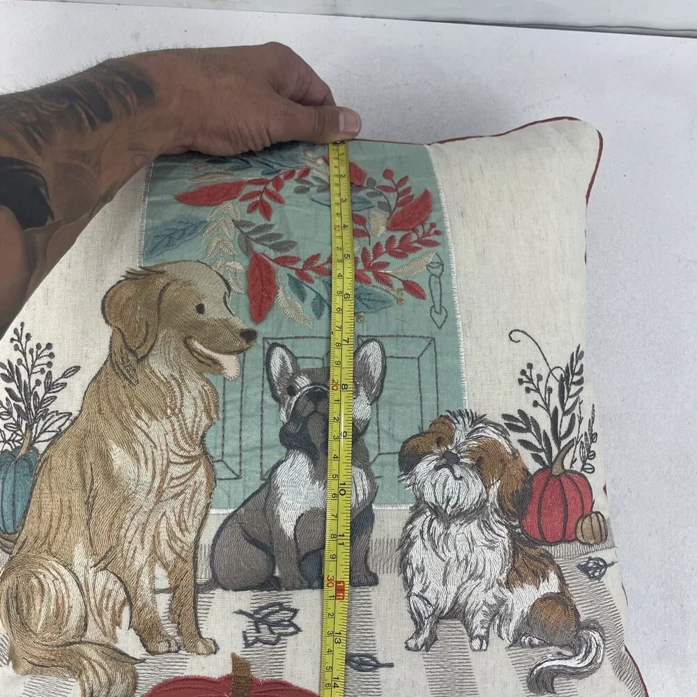 Pier 1 One Embroidered  Autumn Dog  French Bulldog Golden Retriever Pillow
